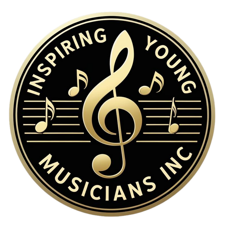 Inspiring Young Musicians Inc. Logo Logo of Inspiring Young Musicians Inc., a local Armidale, NSW music charity, featuring a golden treble clef and musical notes on a black background.